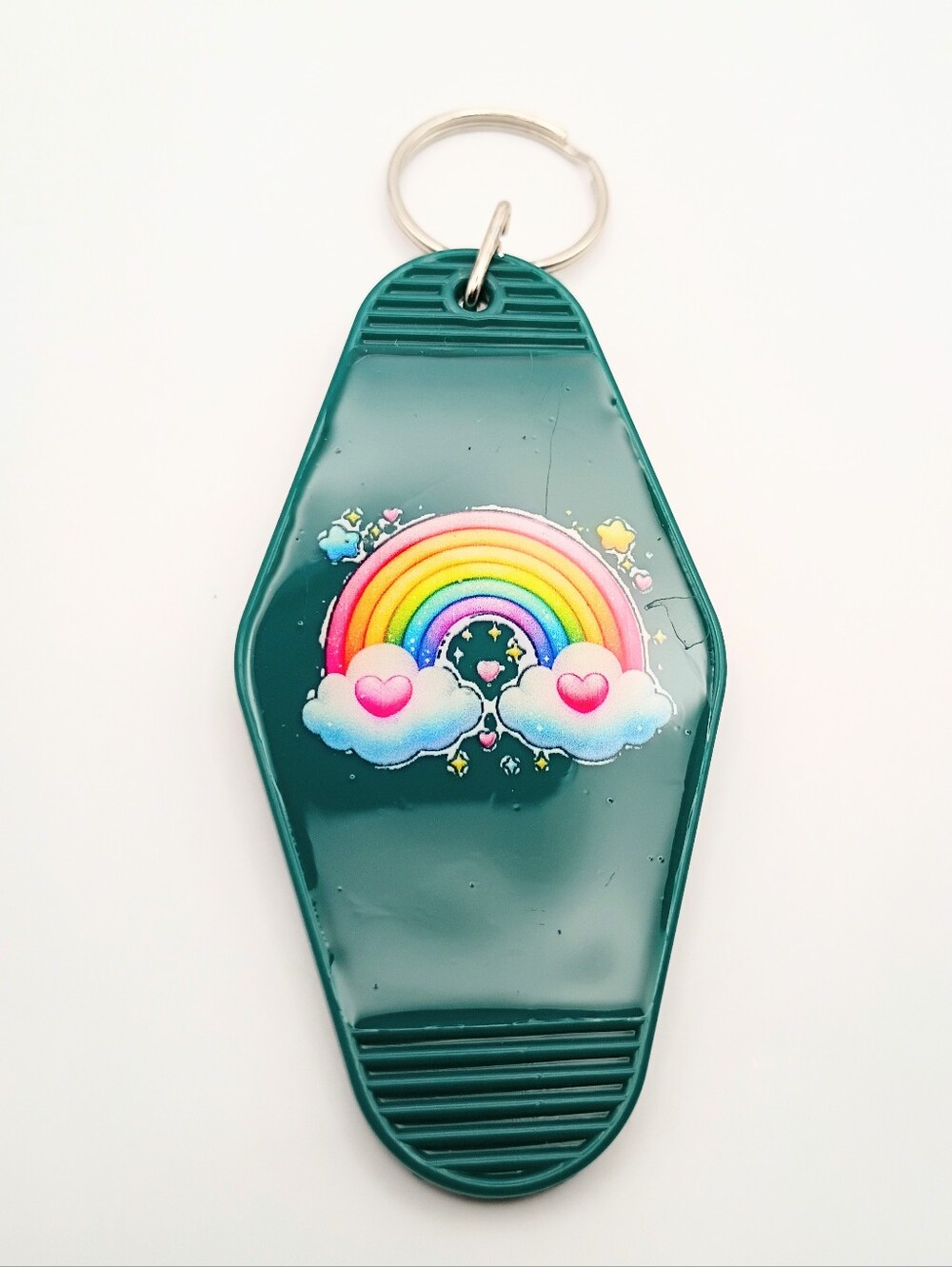 Motel Keychain Custom Retro Styled Dark Green Rainbow Keychain